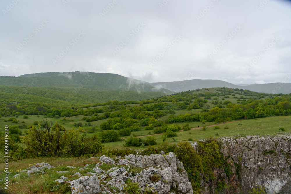 heavy fog in the mountains after the rain with growing trees on the slope of a barely visible sea. Spring view of the Crimea.