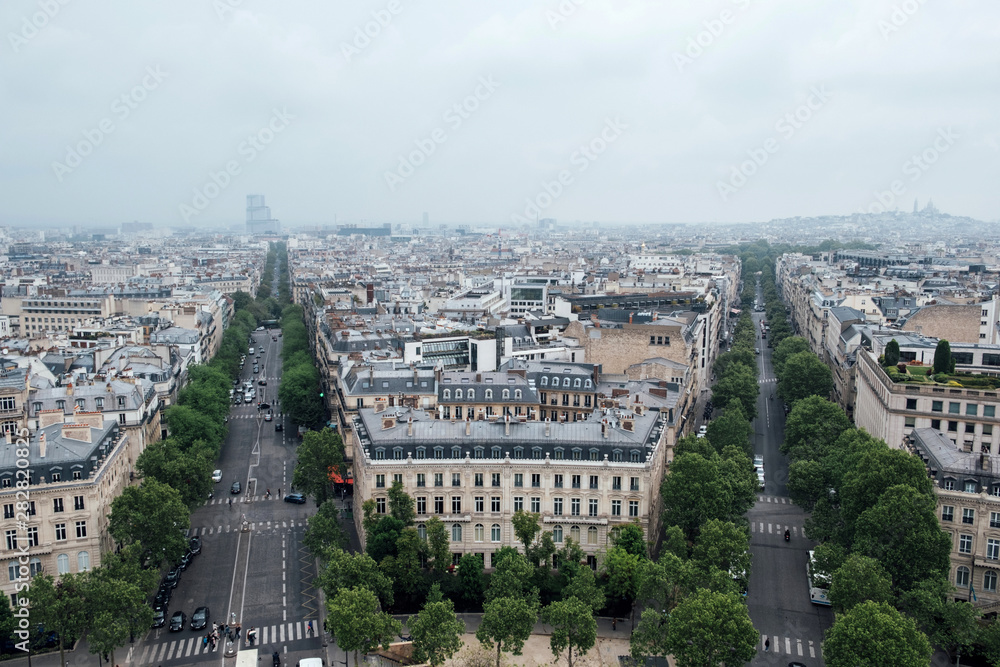 Paris view from the Arc de Triomphe in cloudy day