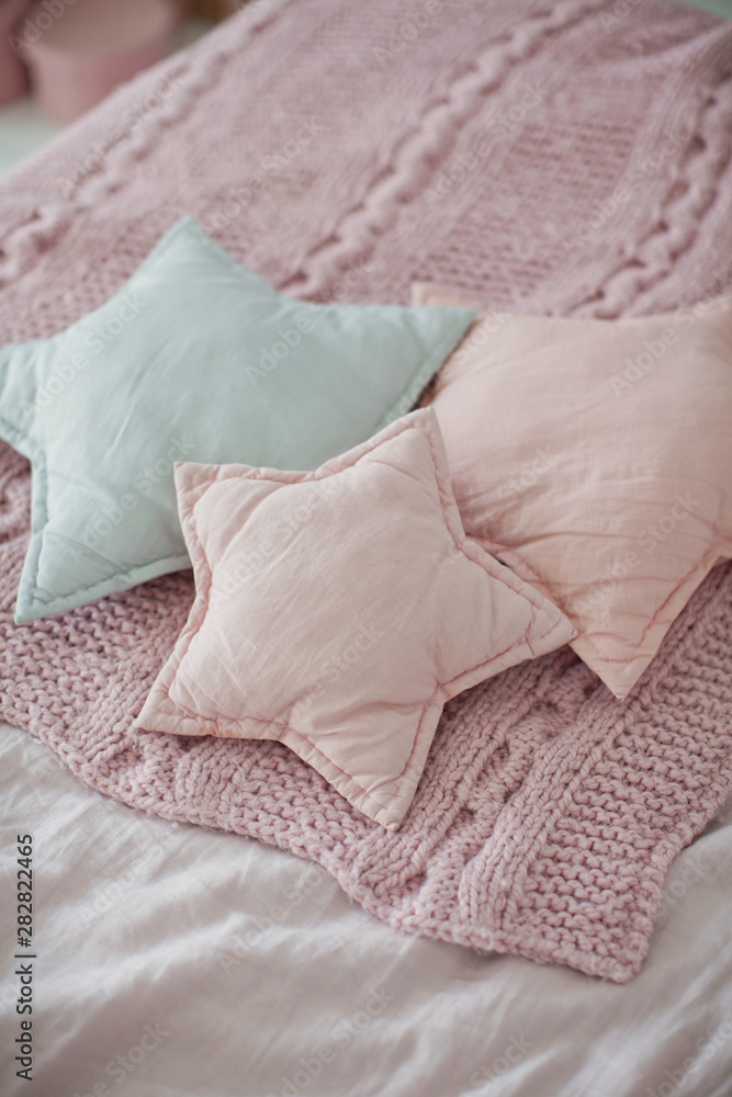 bed with pink and gray bedding and star shaped pillows bed with pink and gray bedding and star shaped pillows