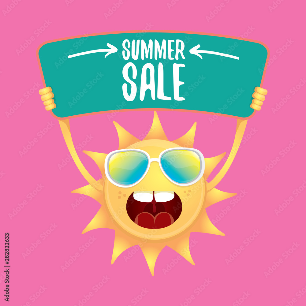 summer sale vector poster or web banner. summer happy sun character holding sign or banner with special offer sale text on pink background