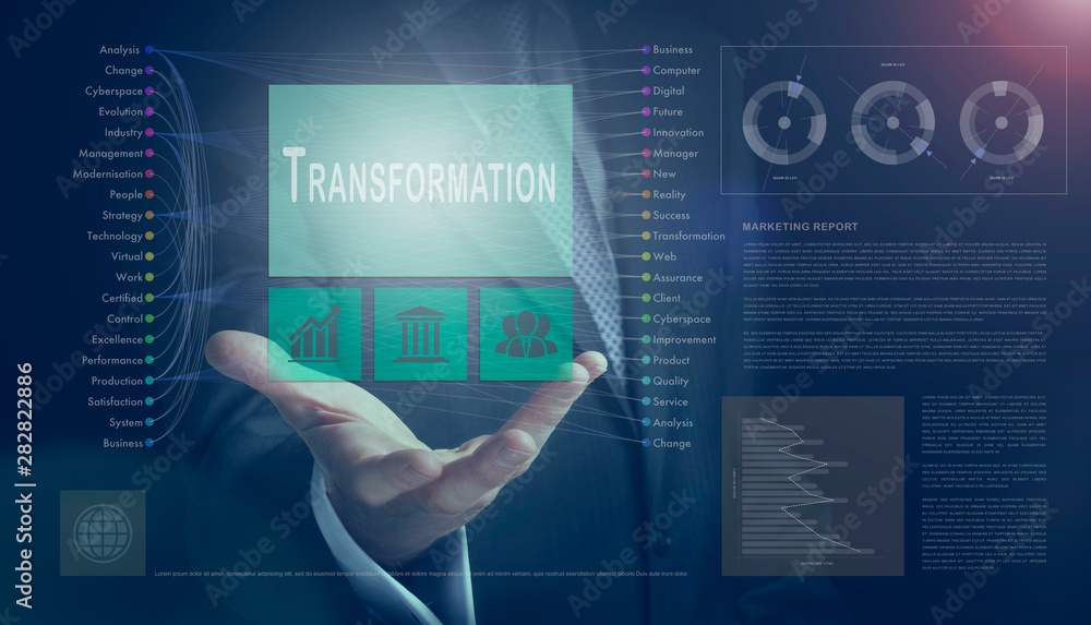 Αυτοκόλλητο Businessman outreached hand holding a Transformation business concept on a computerised screen display