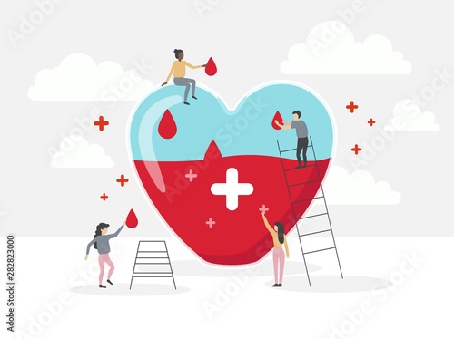 Help to save lives design vector illustration. Cartoon people collecting red drops in heart. Volunteers putting lifeblood in heart-shaped glass with white cross flat style. Blood donation concept