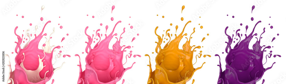 Φωτογραφία Collection various set of milk cream, pink strawberry juice, orange, purple grape splash liquid, isolated on white background