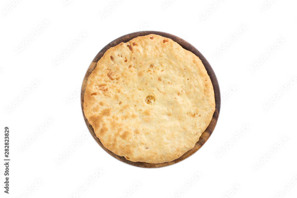 Crispy homemade puff cheese pie isolated on white background Crispy homemade puff cheese pie isolated on white background