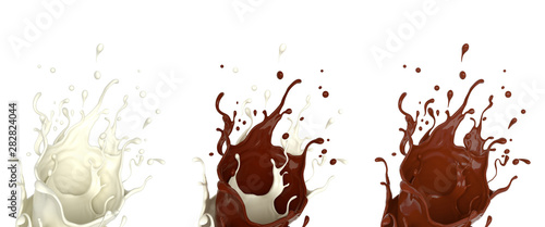Collection various set of milk cream  chocolate splash liquid  isolated on white background. 3D rendering illustration.