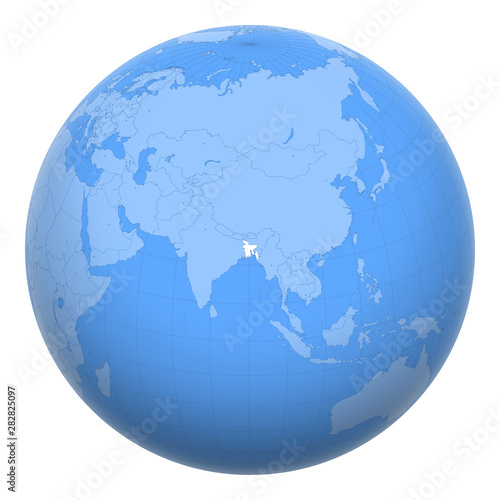 Bangladesh on the globe. Earth centered at the location of the People s Republic of Bangladesh. Map of Bangladesh. Includes layer with capital cities.