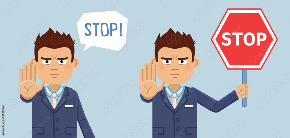 Illustration of a businessman showing stop hand gesture. Confident, serious businessman, warning. Emoticon, emoji, emotion, facial expression. Flat style vector illustration Illustration of a businessman showing stop hand gesture. Confident, serious businessman, warning. Emoticon, emoji, emotion, facial expression. Flat style vector illustration