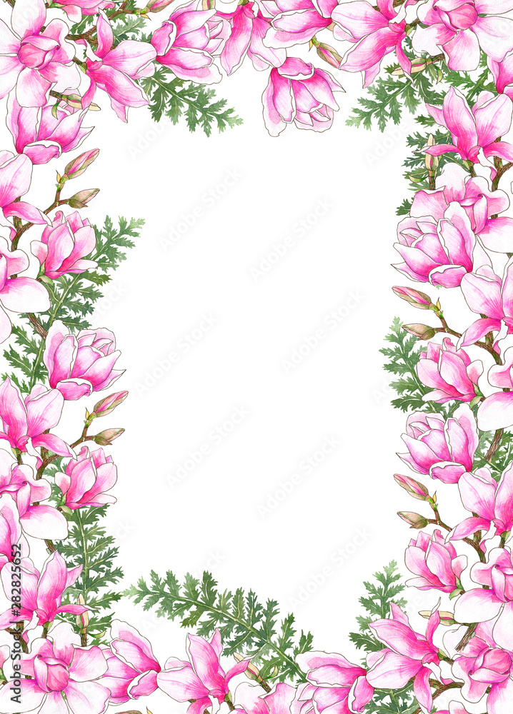 Watercolor botanical illustration. Pink magnolias. Wedding invitation. Greeting card. Set of wedding design. Watercolor botanical illustration. Pink magnolias. Wedding invitation. Greeting card. Set of wedding design.