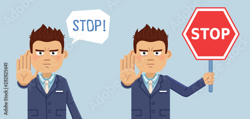 Illustration of a businessman showing stop hand gesture. Confident, serious businessman, warning. Emoticon, emoji, emotion, facial expression. Flat style vector illustration