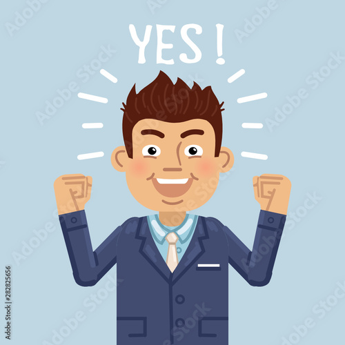 Illustration of a successful businessman. Achievement, victory, positive emotion, success. Emoticon, emoji, facial expression. Flat style vector illustration