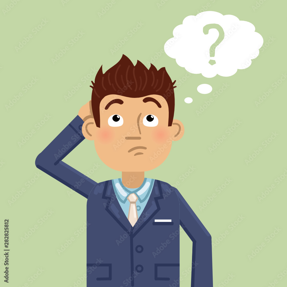 Illustration of a thinking man. Thoughtful businessman looking up at question mark and making decision. Emoticon, emoji, facial expression. Simple style vector illustration Illustration of a thinking man. Thoughtful businessman looking up at question mark and making decision. Emoticon, emoji, facial expression. Simple style vector illustration