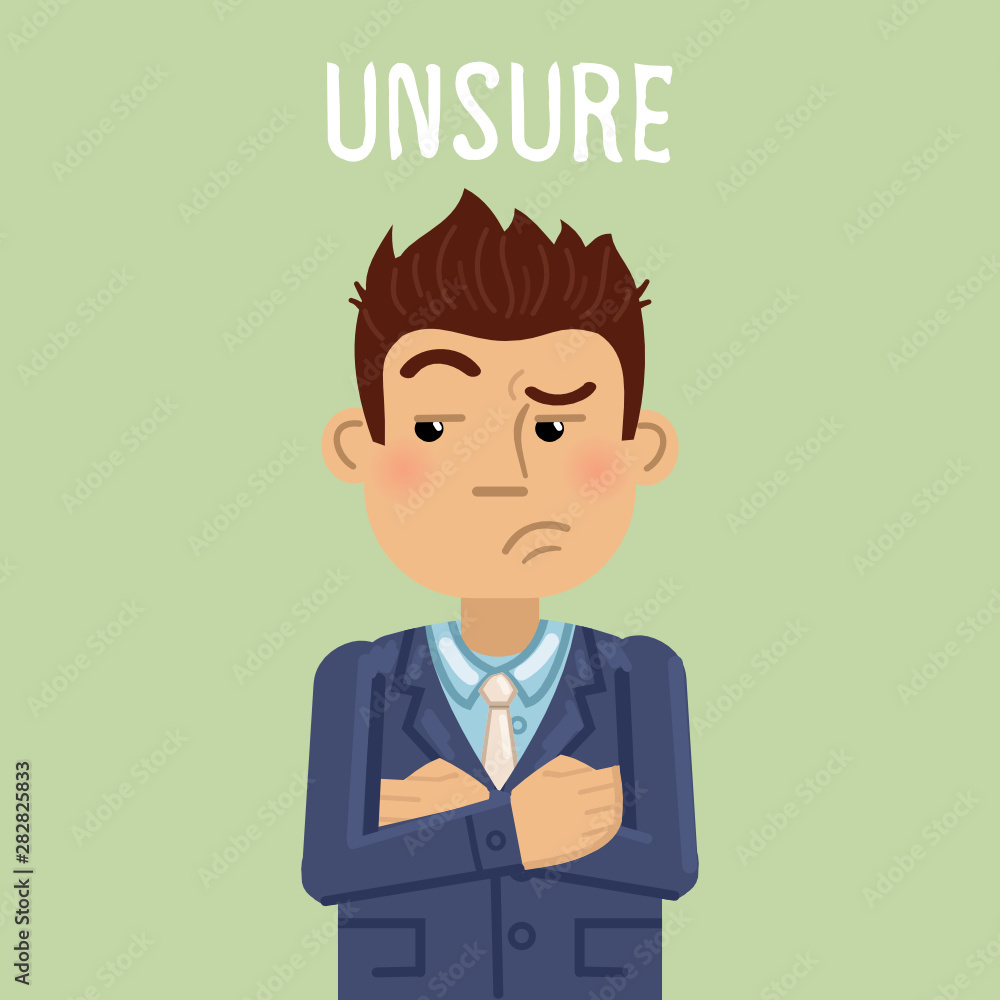 Illustration of an unsure businessman. Emotion, emoticon, emoji, facial expression, bored face, suspicious. Flat style vector illustration