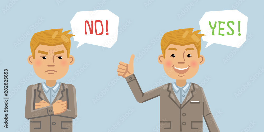 Illustration of two businessman showing opposite emotions, answers. Agree, disagree, yes, no, positive, negative. Emoticon, emoji, facial expression. Flat style vector illustration Illustration of two businessman showing opposite emotions, answers. Agree, disagree, yes, no, positive, negative. Emoticon, emoji, facial expression. Flat style vector illustration