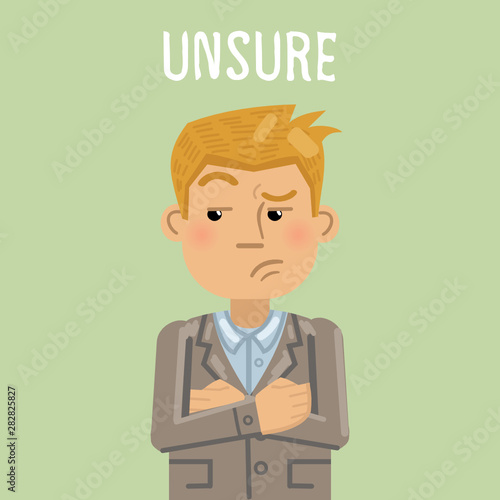 Illustration of an unsure businessman. Emotion, emoticon, emoji, facial expression, bored face, suspicious. Flat style vector illustration