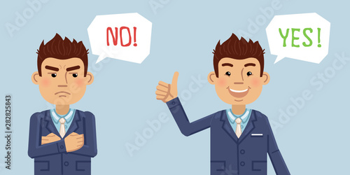 Illustration of two businessman showing opposite emotions, answers. Agree, disagree, yes, no, positive, negative. Emoticon, emoji, facial expression. Flat style vector illustration