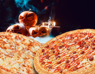 special set of two pizzas for halloween on the background of pumpkins