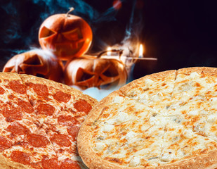 special set of two pizzas for halloween on the background of pumpkins