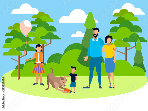 Family on holiday in the park with a dog. In minimalist style. Flat isometric raster