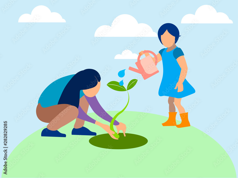 Mom and daughter planted a plant, agronomy. In minimalist style. Flat isometric raster