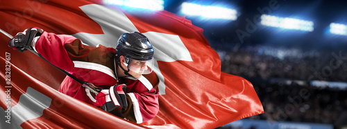 Canvas Print Switzerland Hockey Player in action around national flags
