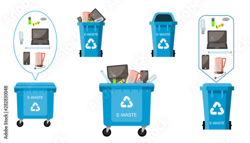 Set of Blue Recycling Bins, Containers and Buckets Vector For E-Waste Trash. Waste managment. Opened And Closed. Different size and kind. Front View. Sign Arrow. Isolated Illustration