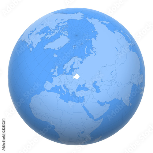 Belarus (Byelorussia, Belorussia) on the globe. Earth centered at the location of the Republic of Belarus. Map of Belarus. Includes layer with capital cities.