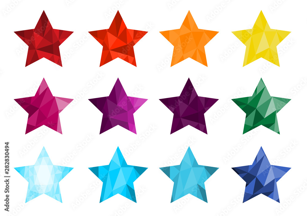 Set of 12 polygonal bright halftone stars. Usable for cards, invitations, posters, banners, diary etc. Vector illustration. Set of 12 polygonal bright halftone stars. Usable for cards, invitations, posters, banners, diary etc. Vector illustration.