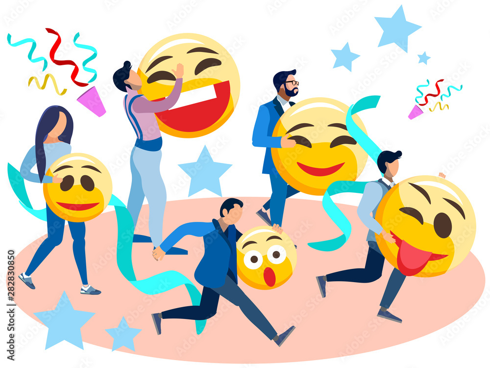 People run with smiles in their hands. In minimalist style Cartoon flat raster People run with smiles in their hands. In minimalist style Cartoon flat raster