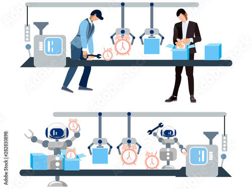 Watch production. The difference is the attitude of people and robots to work. In minimalist style Cartoon flat raster