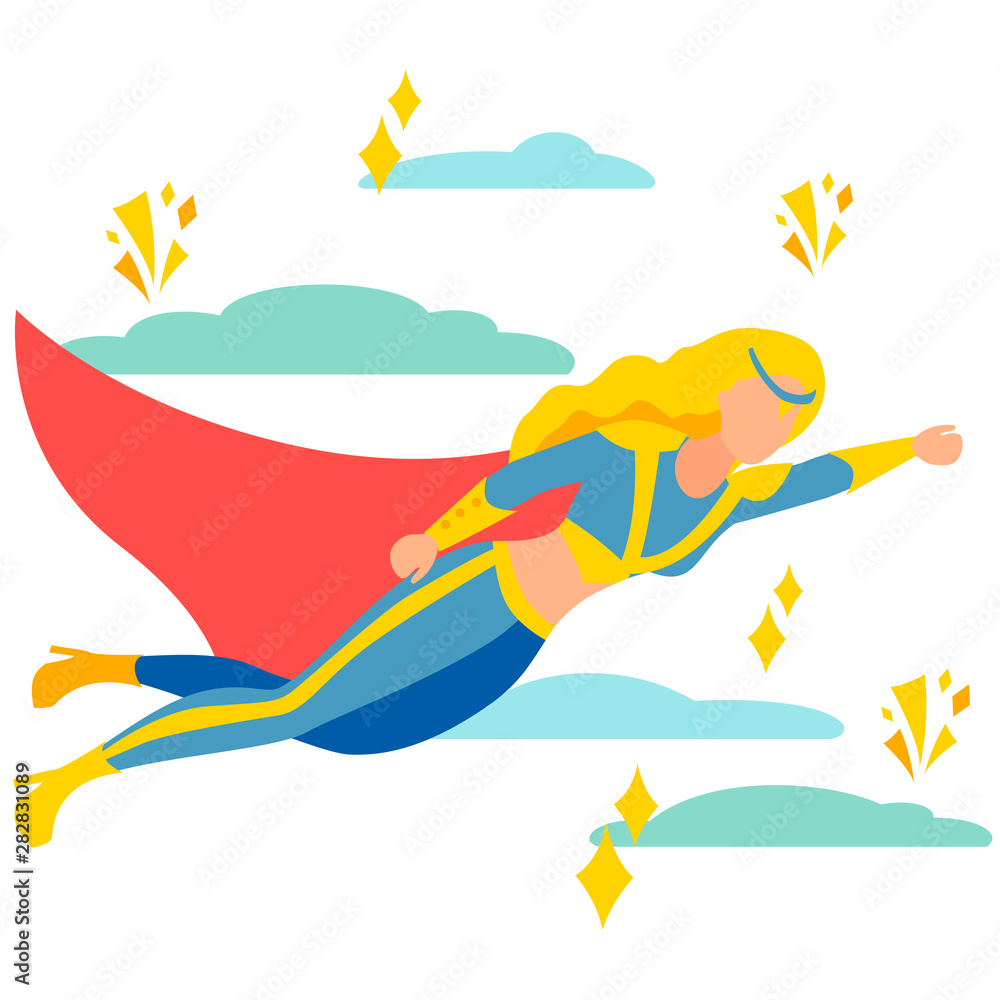 Woman superhero to the rescue. In minimalist style Cartoon flat raster