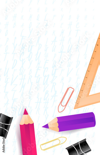 Back to school sale banner, poster background. Place for text, multicolor pencils and other school supplies on notebook sheet. Layout for discount labels, flyers and shopping