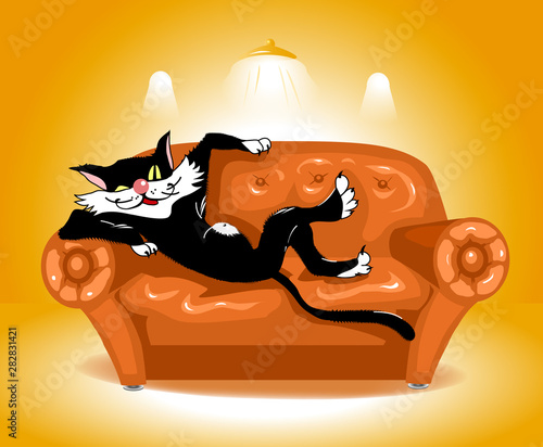 Black cat lying on a leather brown sofa. Vector illustration.