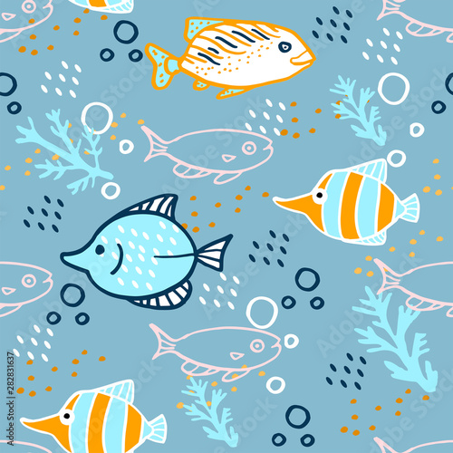 Seamless cartoon pattern with fish on blue background. 