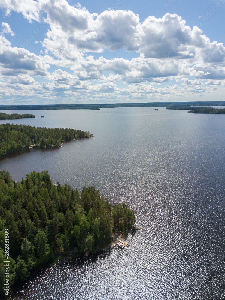 Finnish lake landscape aerial photo.