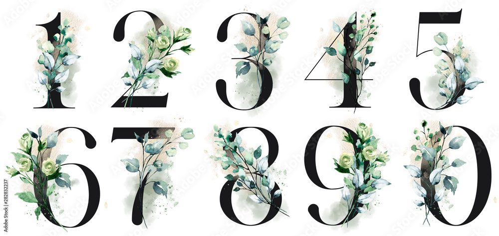 Number set with watercolor flowers roses and leaf. Perfectly for wedding invitations, greeting card, logo, poster and other floral design. Hand painting. Isolated on white background. - obrazy, fototapety, plakaty 
