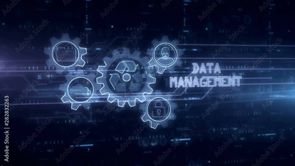 Data management symbol hologram 3d animation. Modern concept of files storage, cyber security, computer using and digital technology on blue digital background. Data management symbol hologram 3d animation. Modern concept of files storage, cyber security, computer using and digital technology on blue digital background.