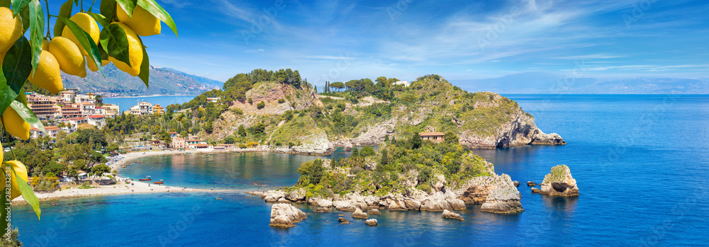 Panoramic view of Isola Bella, small island near Taormina, Sicily, Italy