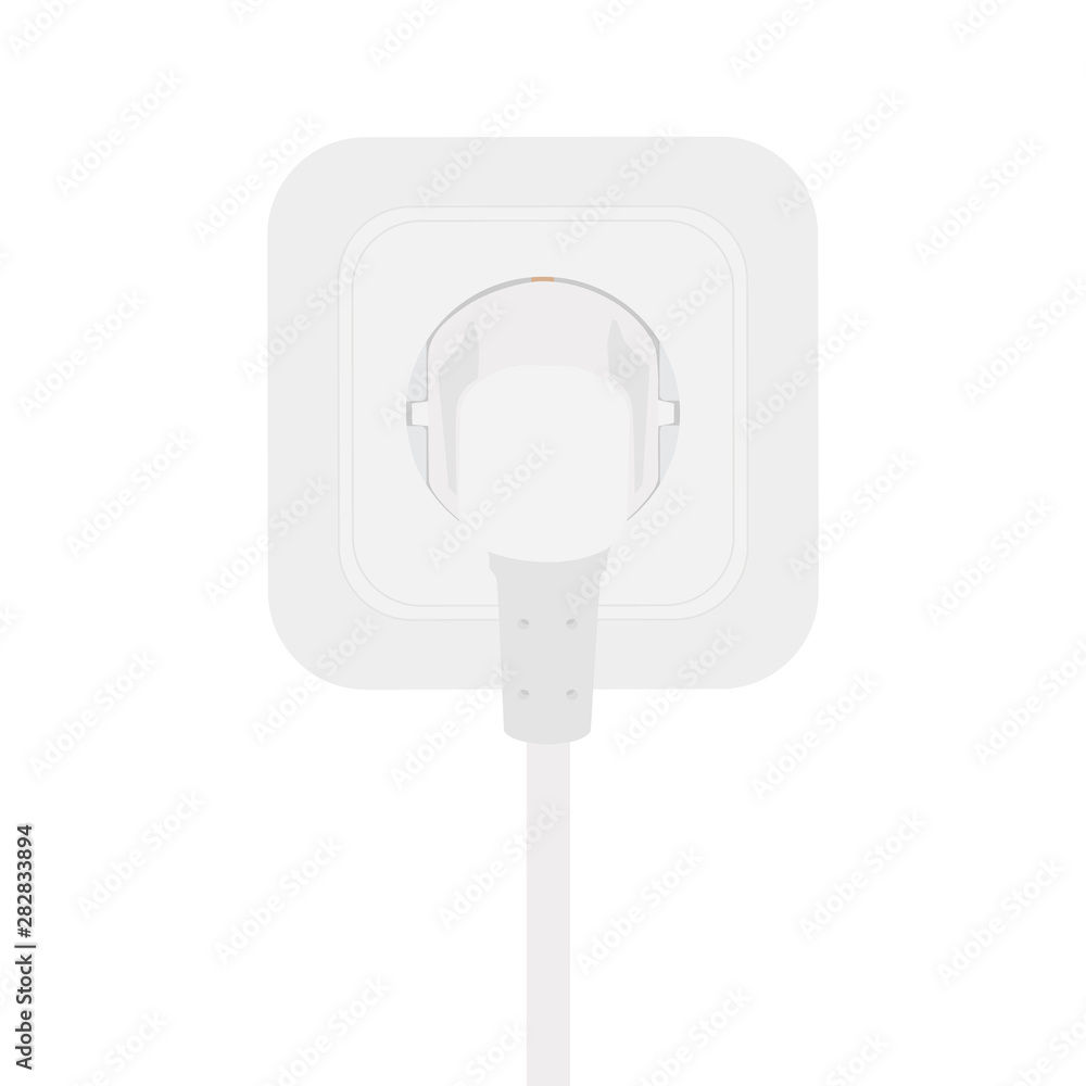 White power cord cable plugged into european wall outlet on white wall. White power cord cable plugged into european wall outlet on white wall.