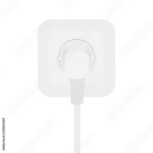 White power cord cable plugged into european wall outlet on white wall.