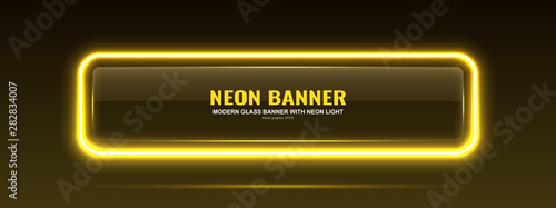 Rectangular glass banner. Transparent billboard with neon lights. Vector illustration.