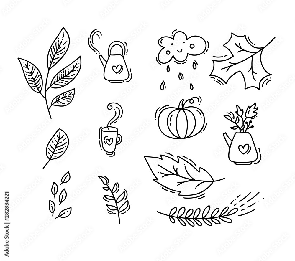 Set of vector monoline doodle floral elements. Autumn collection graphic design. Herbs, leaves, boots, teapot, cup and pumpkin. Hand drawn thanksgiving modern fall decor