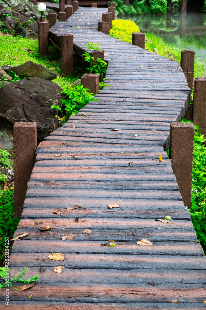 Wooden Walkpath Above Green Garden and by the River