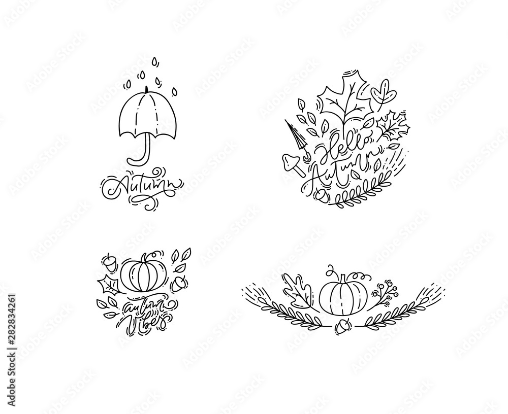 Fototapeta premium Bunlde set of vector illustration monoline calligraphy autumn phrases. Hand drawn autumnal elements pumpkin, umbrella and leaves isolated. Perfect for seasonal holidays, Thanksgiving Day