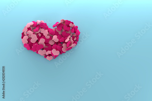 3D pink and lilac hearts lying in the shape of a big heart on a blue background, top view. Concept of love: Holiday Valentine’s Day abstract backdrop. 