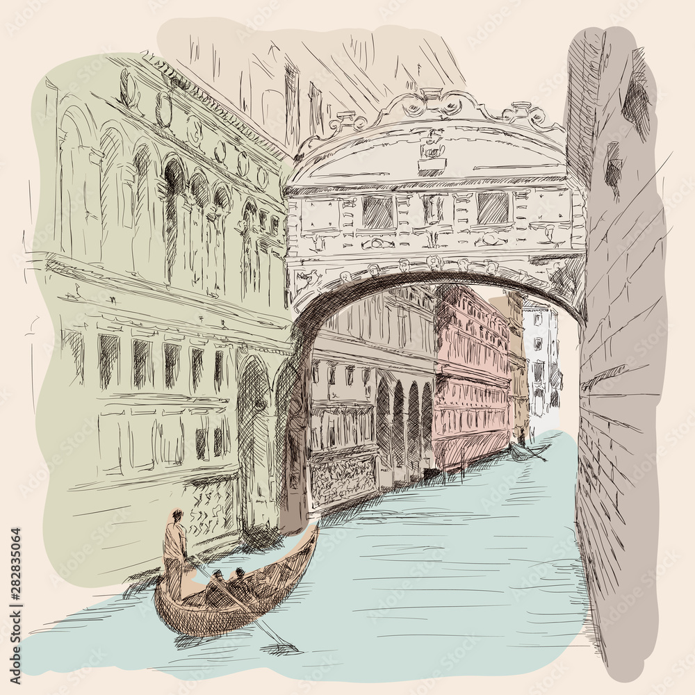 Pen Sketching The City View of Canal and Gondola in Venice, Ita Drawing by  Eiko Tsuchiya - Pixels