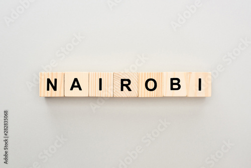 top view of wooden blocks with Nairobi lettering on white background