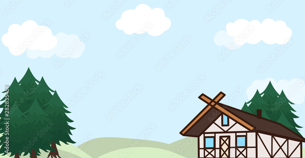scandinavian style house and green wild spruce on blue sky background vector banner scandinavian style house and green wild spruce on blue sky background vector banner