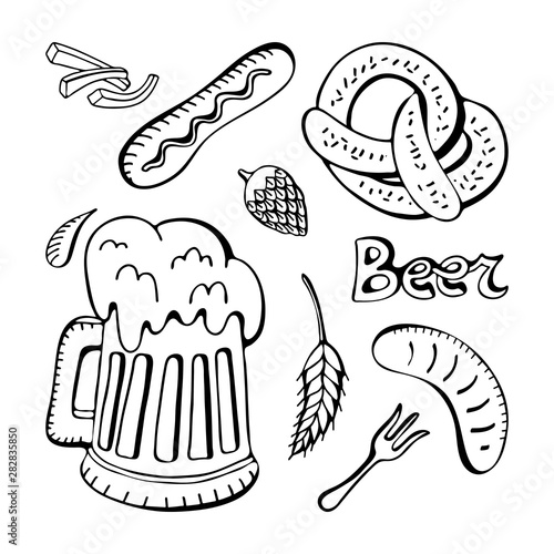 Large vector set line art hand drawn Doodle cartoon set Oktoberfest themed elements, objects and symbols. Isolated objects on white background. Beer festival. Autumn festival.