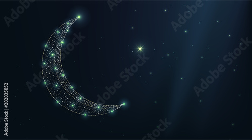 Vector luxury turkey moon and star on a night sky. Abstract low polygonal wireframe particles dark background. Design art for holiday muslim islamic and arabic ramadan kurban bayram illustration