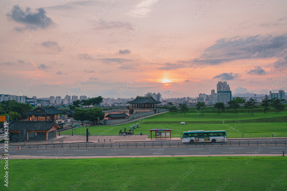 Fototapeta premium Hwaseong fortress sunset time at Yeonmudae,Suwon South Korea.